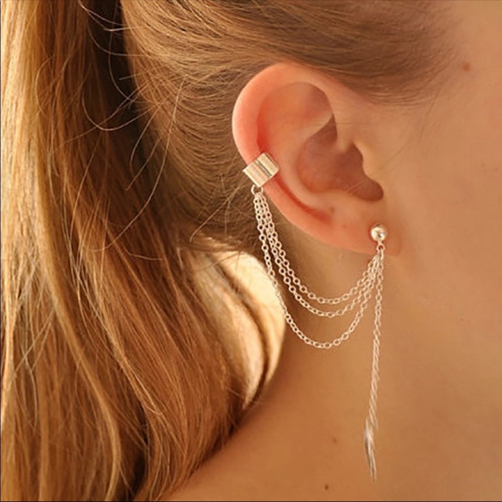 New Dangle one earring Gold Metal Leaves Tassel - Picture 1 of 2